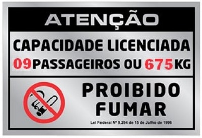 PLACA DE SINALIZAÇÃO -LOTAÇÃO 09 PASS./NÃO FUMAR- 105 X 155MM