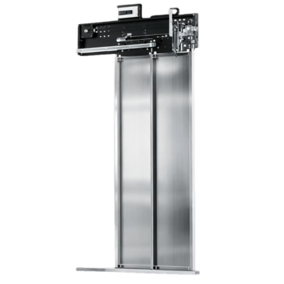 PORTA DE CABINE COMPLETA, ABERTURA LATERAL DIREITA, 2 FOLHAS, OPERADOR MODELO J2230-R2, AÇO INOX 304, ABERTURA 800X2000MM, INVERSOR AD30, MOTOR IMÃ PERMANENTE